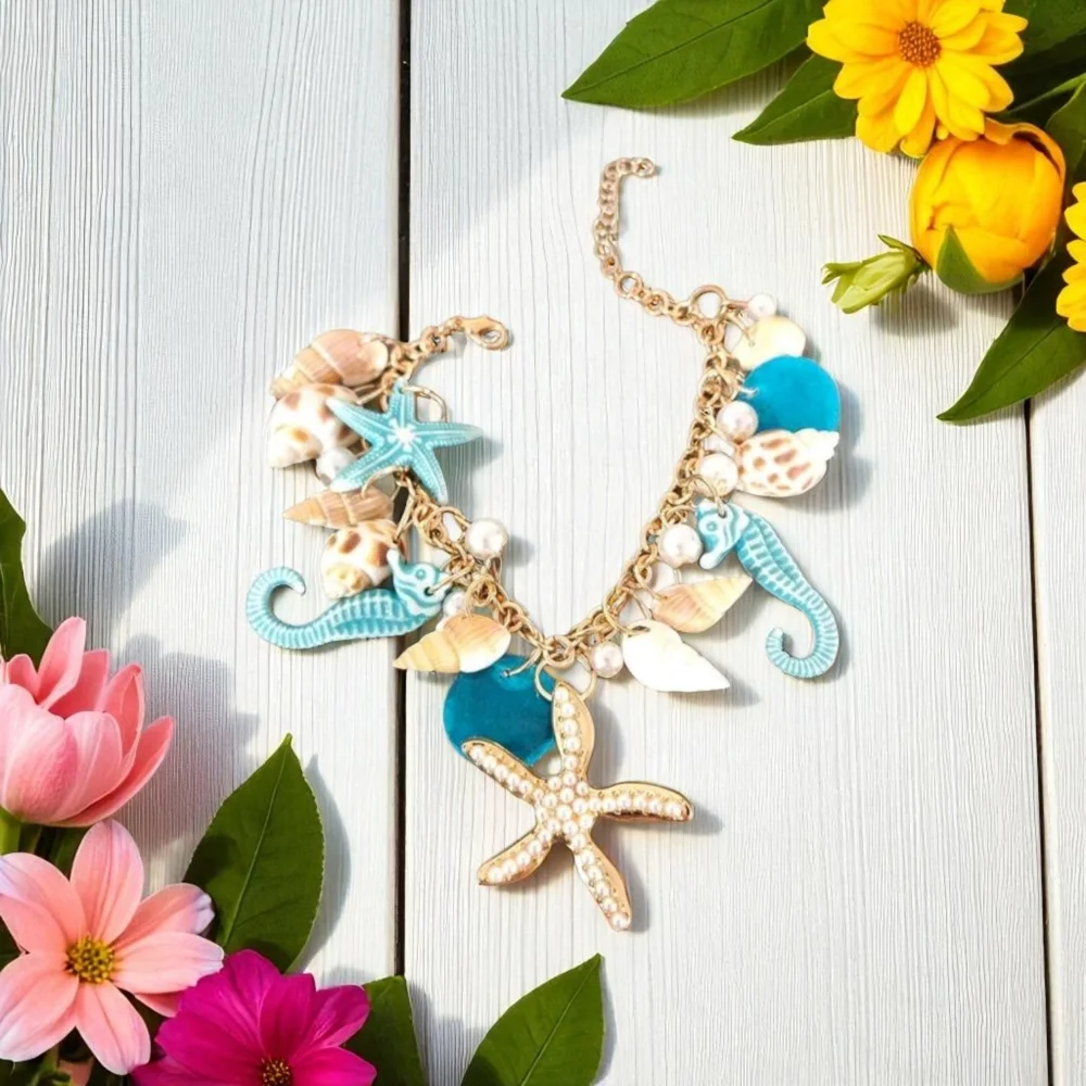 Ocean-Themed Charm Bracelet with Blue‎ and Gold Color Accents